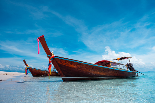 Traditional wooden longtail boats. Phi phi islands, Thailand