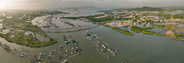 Panoramic photo of floating rafts for oyster and seafood farming, Long Son aquaculture raft village, Ba Ria Vung Tau province