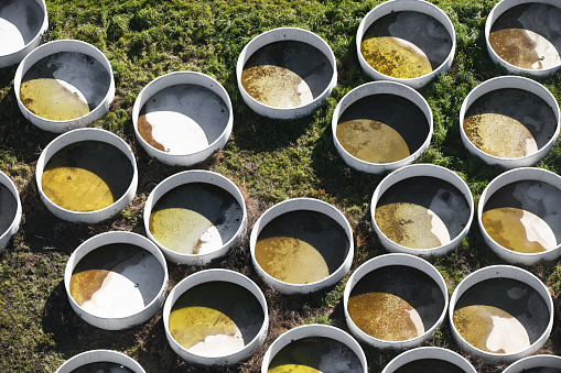Concrete pots arranged in a grassy field create an interesting outdoor setup.