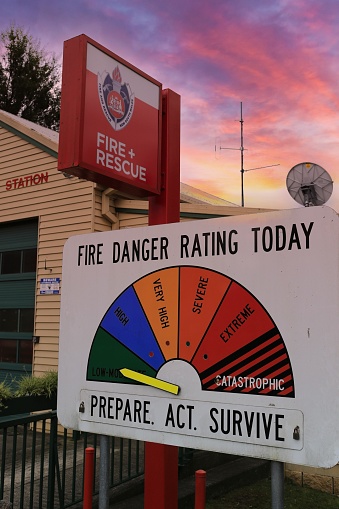 Bundanoon, New South Wales, Australia - January 06, 2022: Fire danger rating sign outside Bundanoon Fire Station, NSW, Australia