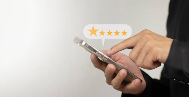 istock Customer hand pressing on smartphone screen 5 star satisfaction rating, service business concept. 1783047644