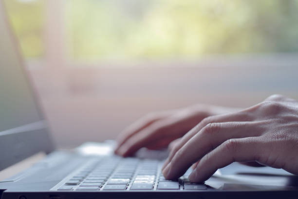 istock Work from home with laptop man blogging. male hands on keyboard 1783048672