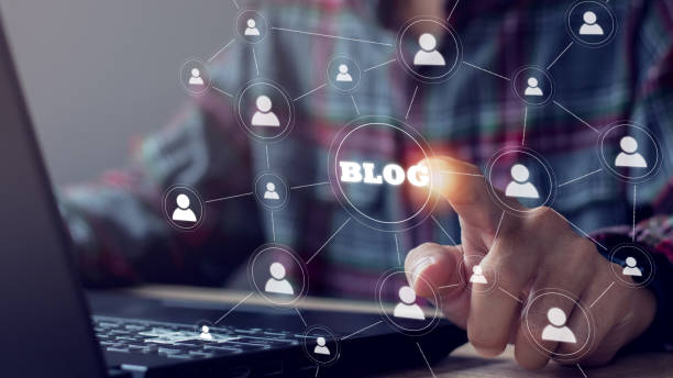 istock Businessman hand press web blog button sign.. 1783063305