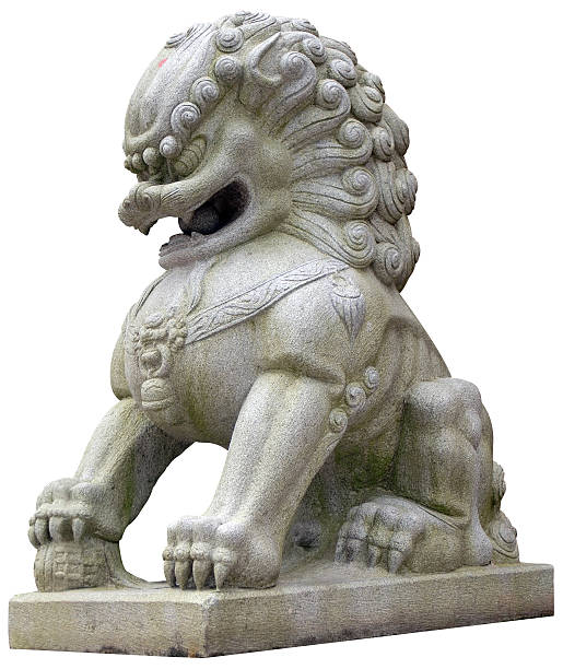 istock Male chinese guardian stone lion on white background 178308953