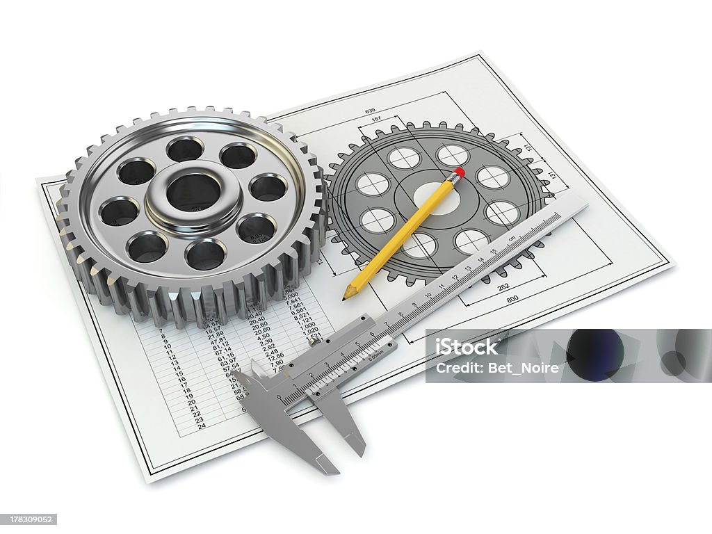 Dibujos de ingeniería. Engranajes, trammel, lápiz y de barril. - Foto de stock de Maquinaria libre de derechos