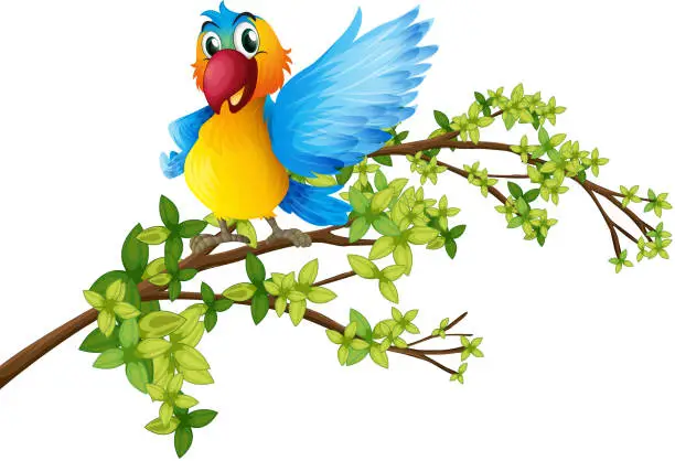 Vector illustration of colorful parrot on branch of a tree