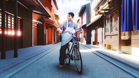 Older Japanese man on the bicycle in small town. 3D generated image.