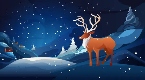 Vector illustration of two reindeers standing on snowy mountain happy new year holiday celebration template landscape background
