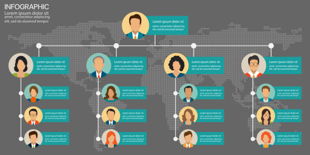 Business Hierarchy Infographics chart pattern design. Business Hierarchy Infographics chart pattern design.Organogram Graphic Elements Corporate Organizational Structure Company Organization Branch Template.Modern vector information graphic tree. organizational structure stock illustrations