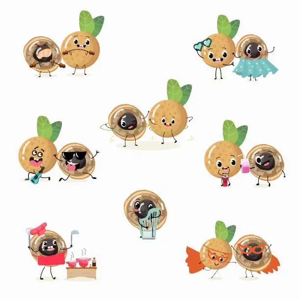 Vector illustration of Set of vector cartoon characters Longan, funny vegetables, fruits. Fresh harvest, exotic, organic, vegetarian products, children's birthday, price tag, sticker.