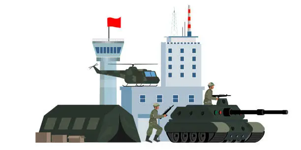 Vector illustration of Military armored vehicles and aviation equipment soldiers.