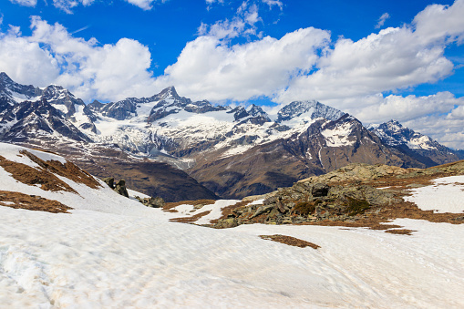 World famous mountain peak Matterhorn above Zermatt town in Mattertal, Valais canton, Switzerland, in winter.