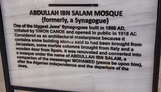 Oran, Algeria, 11 02 02 2023 : touristic information panel about the Abdullah Ibn Salam Mosque, which was formerly a Synagogue.