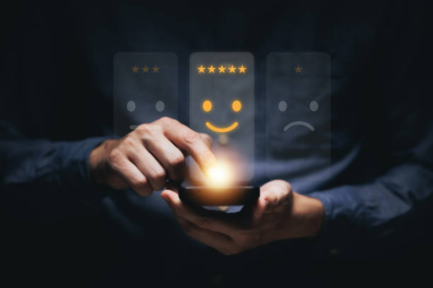 istock Hand touching to virtual screen with smile face and five stars for excellent evaluation after customer use product and service concept. 1783203690