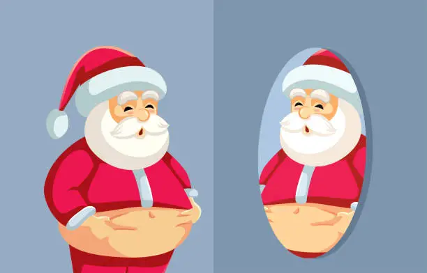 Vector illustration of Overweight Santa Claus Looking in the Mirror Vector Cartoon illustration