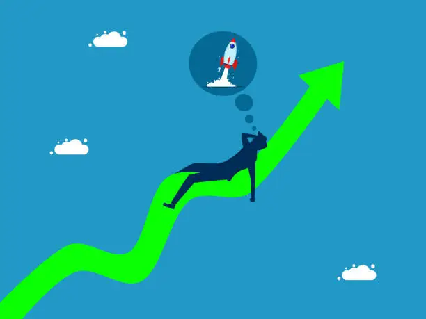 Vector illustration of Business concept grows. businessman sleeps and dreams of a rocket soaring into vector the sky on a growth graph