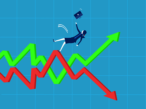 Uncertainty. Businesswomen fall into the fluctuations of the up and down graph. vector