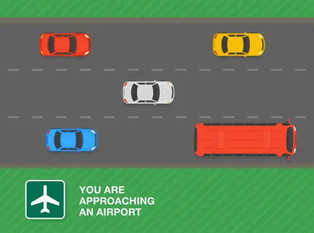 Vector illustration of Safe driving tips and traffic regulation rules. Approaching an airport sign. Top view of a traffic flow on highway. Vector illustration template.