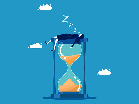 Work time is over. Businesswoman sleeping on an hourglass. Vector