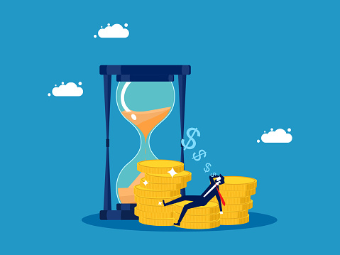 Profit from long term investment. Happy businessman lying on pile of coins and hourglass. Vector