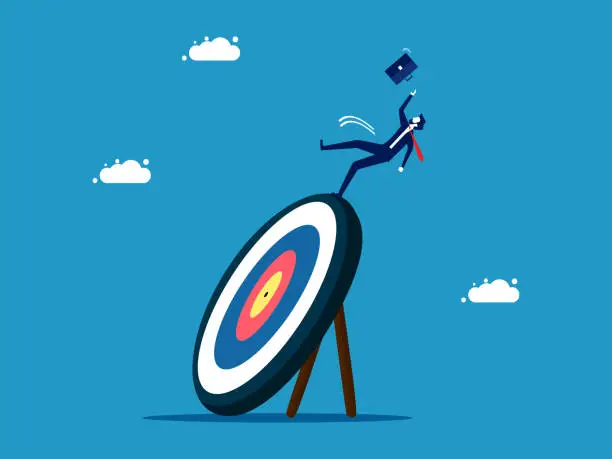 Vector illustration of Missed the target. Businessman slips and falls on target