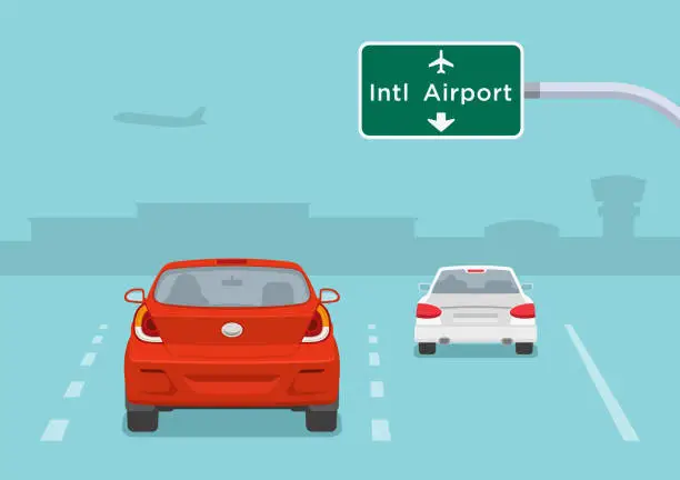Vector illustration of Traffic regulation rules. Airport sign. Sedan cars are approaching an airport. Back view of a traffic flow on highway. Vector illustration template.
