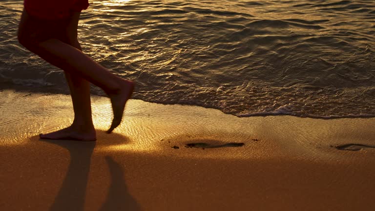 The Girl Walks Along the Seashore, Leaving Footprints in the Sand.