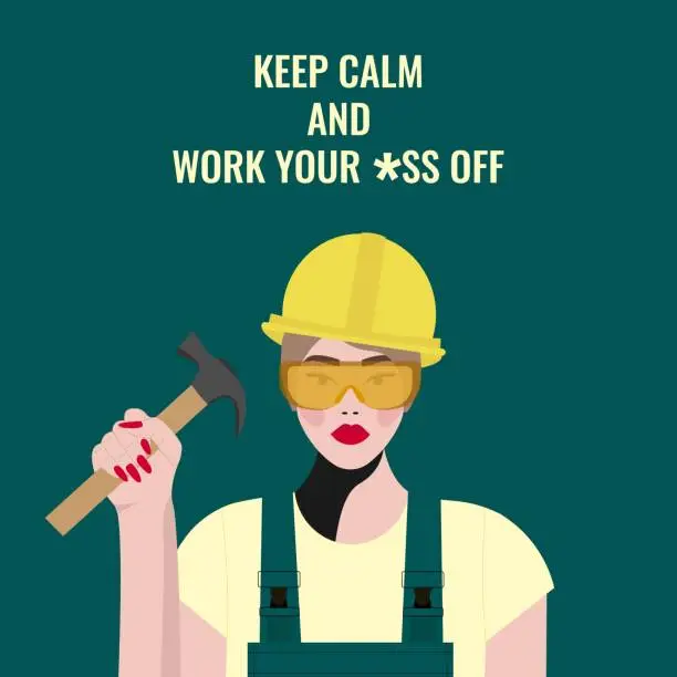 Vector illustration of A working girl in a yellow hard hat and in a green jumpsuit with a hammer in her hand