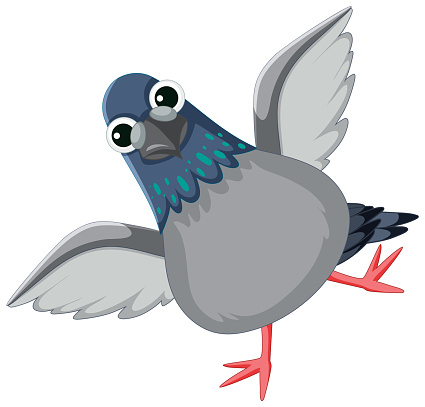Charming pigeon bird character standing on one leg, spreading wings