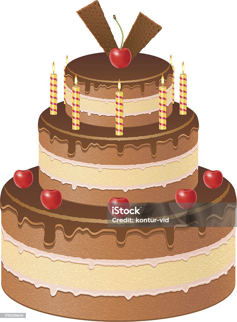 chocolate pastel con cerezas y quemar velas ilustración vectorial - arte vectorial de Al horno libre de derechos