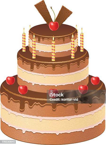 Cerejas E Bolo De Chocolate Com Queima De Vela Ilustração Vetorial - Arte vetorial de stock e mais imagens de Aniversário especial