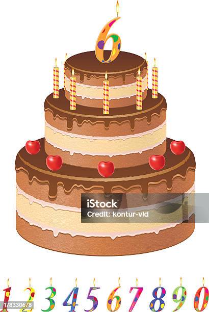 Ilustración de Chocolate Pastel De Cumpleaños Con Números De Edad De Ilustración Vectorial y más Vectores Libres de Derechos de Al horno