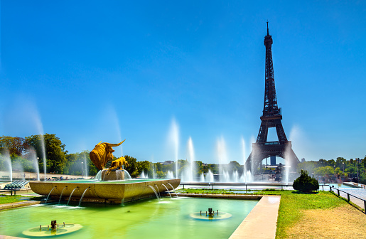 Eiffel Tower and fountains at the Trocadero in Paris, France