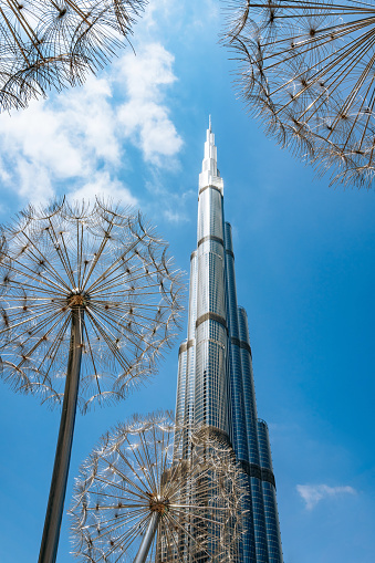 Burj Khalifa and sculptures of large dandelions, Dubai