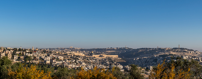 A breathtaking, panoramic view of the ancient, Old City of Jerusalem, its walls, houses, synagogues and mosques and the Temple Mount, looking north from the Armon HaNatziv promenade.