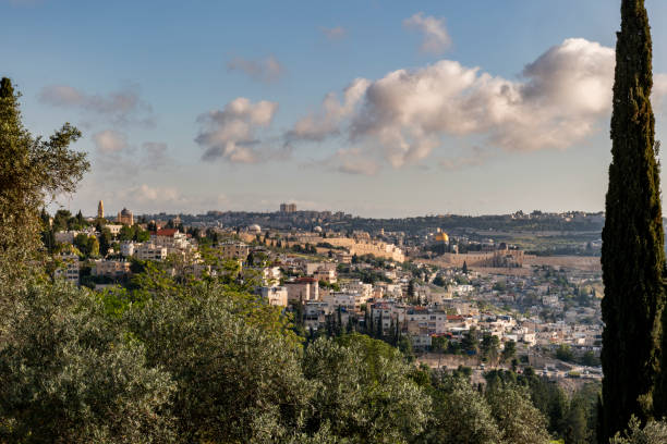 Skyline view of the Old City of Jerusalem looking north A breathtaking view of the ancient, Old City of Jerusalem, its walls, houses, synagogues and mosques and the Temple Mount, looking north from the Armon HaNatziv promenade. al aksa stock pictures, royalty-free photos & images