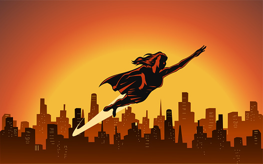 A silhouette style vector illustration of a female superhero flying above a city. Wide space space available for your copy.