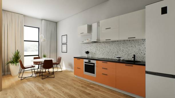 istock The interior of a small kitchen, orange bottom white top. 3D rendering. 1783364911