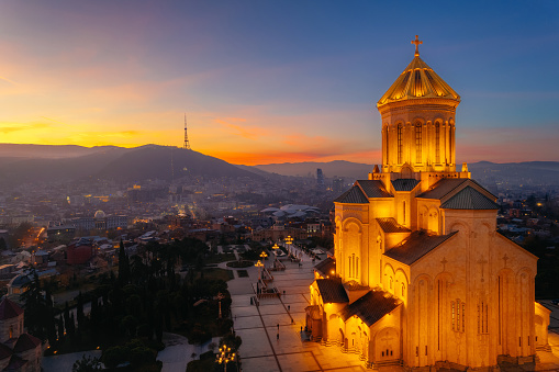 Holy Trinity church and downtown at sunset, Tbilisi, Georgia