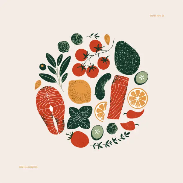 Vector illustration of Healthy eating ingredients in circle composition. Salmon and vegetables. Keto food. Tomato and herbs. Vector illustration.