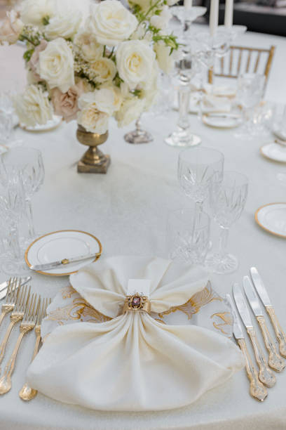 istock Perfect wedding table setting. Wedding in classic style. Table linen made of natural fabrics, linen. 1783393038