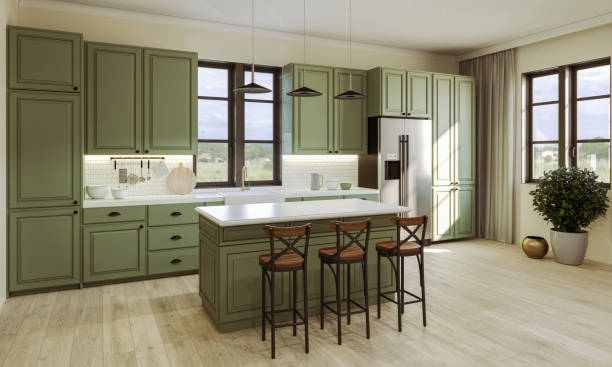 istock Modern style kitchen with light counter top with sink, hob, oven, kitchen utensils. 3D rendering. 1783402796