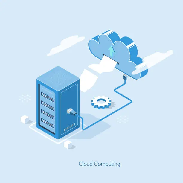 Vector illustration of Cloud storage download isometric. Digital service with data transfering. 3d servers and datacenter connection network.