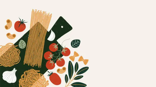 Vector illustration of Pasta and tomatoes with garlic and basil. Spaghetti with ingredients. Vector illustration