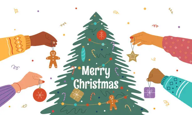 Vector illustration of Human hands decorate a Christmas tree