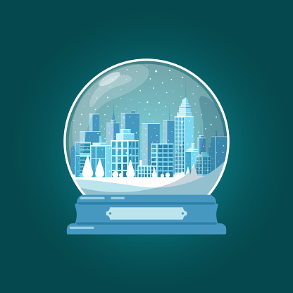 Glass snow globe with cityscape. Gift souvenir. Festive winter mood. New Year and Christmas. Vector stock illustration.