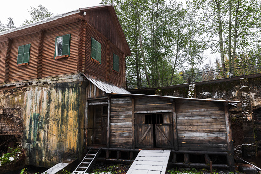 Abandoned buildings of the Old Finnish hydroelectric plant at Volchya river. Sosnovskaya Hydroelectric Power Station. Sosnovo, Leningrad Oblast, Russia