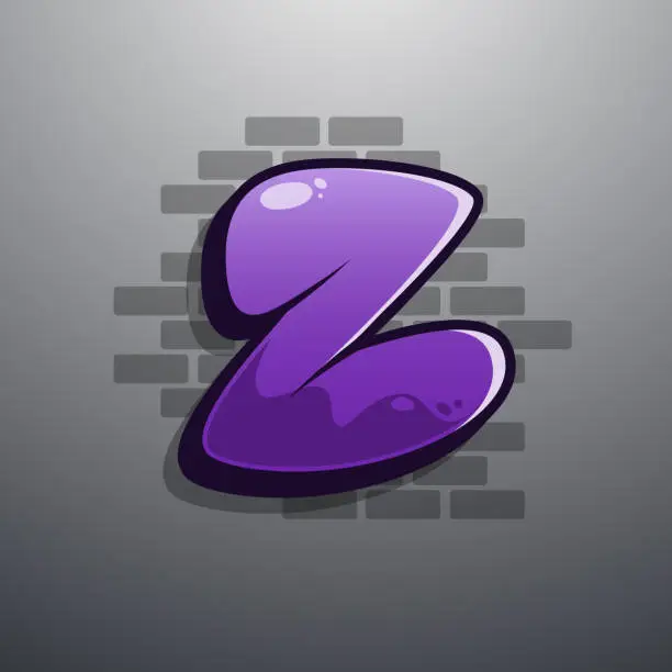 Vector illustration of Letter Z. Graffiti alphabet. Bubble graffiti letters. Purple uppercase letters with drips, and spray effect. Graffiti font.