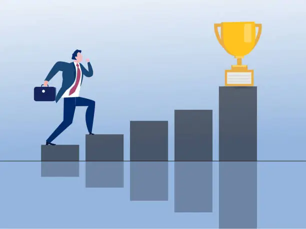 Vector illustration of Businessman with stairs to golden trophy for success. vector illustration.