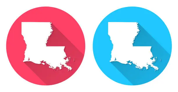 Vector illustration of Louisiana map. Round icon with long shadow on red or blue background